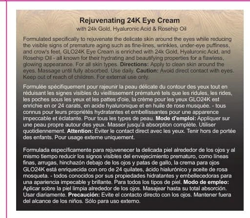 GLO24K Eye Cream with 24k Gold, Hyaluronic Acid, Rosehip Oil, and Vitamins. Minimizes wrinkles and fine-lines around the e...