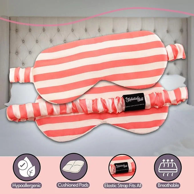 CELESTIAL SILK Mulberry Silk Sleep Eye Mask with Adjustable Elastic Strap (Normal - Adjustable, Pink/White Stripe) - Produ...