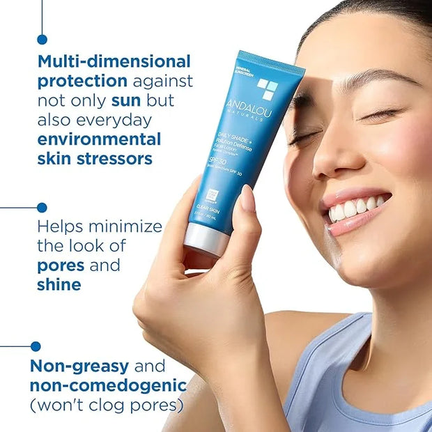 Andalou Naturals Daily Shade Face Sunscreen, SPF 30 Zinc Oxide Mineral Sunscreen, Sun + Pollution Defense Face Lotion, Hel...