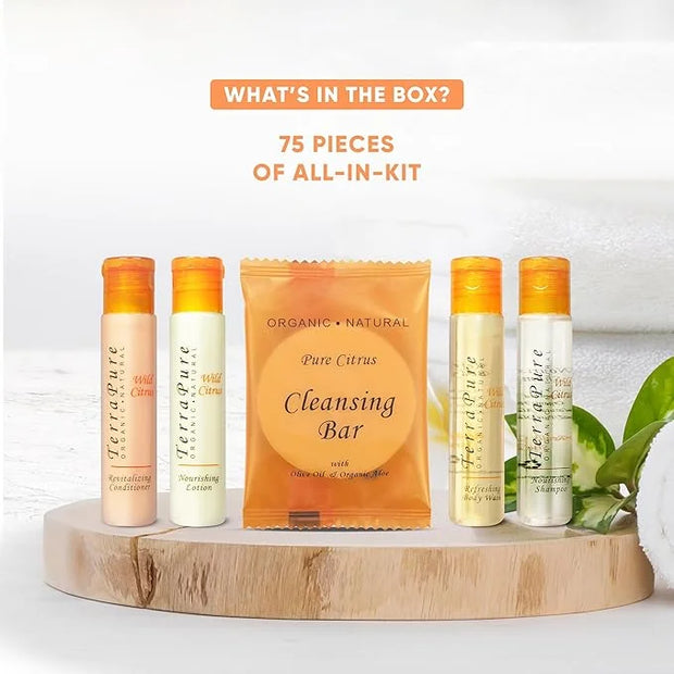 Terra Pure Wild Citrus Toiletries Set | 1-Shoppe Amenities Kit | 1oz Shampoo, Conditioner, Body Wash, Lotion, 1oz Bar Soap...