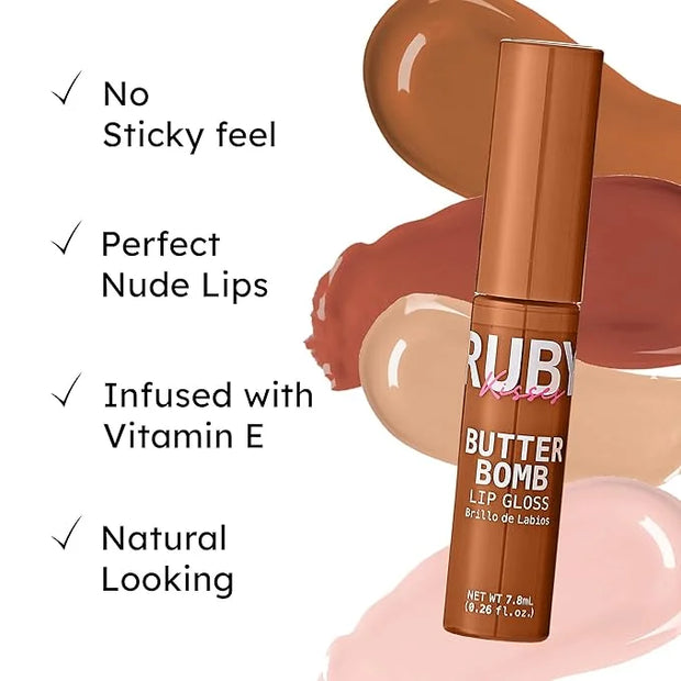 Ruby Kisses Lip Gloss Butter Bomb Gloss Non-Sticky Lip Gloss Vitamin E Natural Nude Lip Makeup - 7.8mL (0.26 US fl.oz) (Bu...