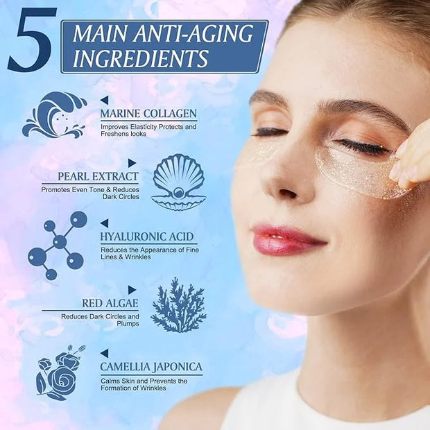 Under Eye Patches (18 Pairs) - Pearl Eye Mask with Natural Marine Collagen, Hyaluronic HA - Reduce Wrinkles, Puffy Eyes, D...