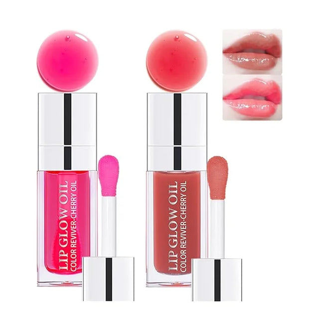 2 Colors Hydrating Plumping Lip Glow Oil,Moisturizing Lip Oil Gloss Transparent Glossy Lip Gloss Primer Lip Tint for Lip C...