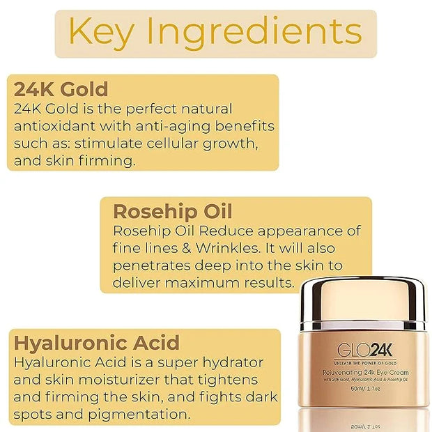 GLO24K Rejuvenating 24k Eye Cream and Serum With 24k Gold, Hyaluronic Acid, Vitamins A,C,E - Product Image