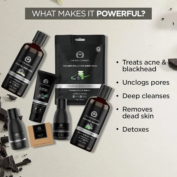 The Man Company Ultimate Charcoal Detan Kit with Elegant Gift Box | Charcoal Body wash, Shampoo, Face Scrub, Face wash, Ch...