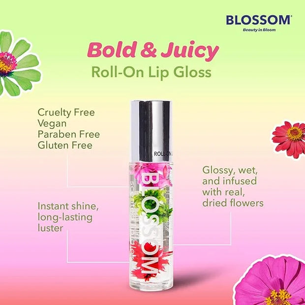 Blossom Roll on Lip Gloss, Scented Clear High Shine Moisturizing Lip Oil, Non Sticky, Infused with Real Flowers, Made in U...