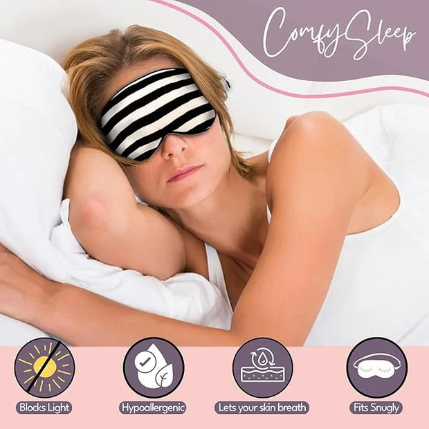 CELESTIAL SILK Mulberry Silk Sleep Eye Mask with Adjustable Elastic Strap (Adjustable, Black/White Stripe) - Product Image