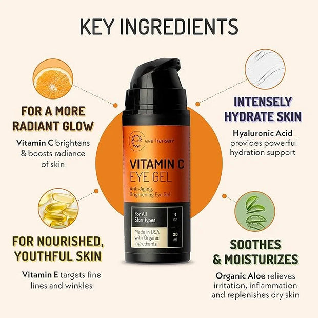 Eve Hansen Vitamin C Eye Gel - Under Eye Cream for Dark Circles and Puffiness - Anti-Aging Eye Repair Cream with Hyaluroni...