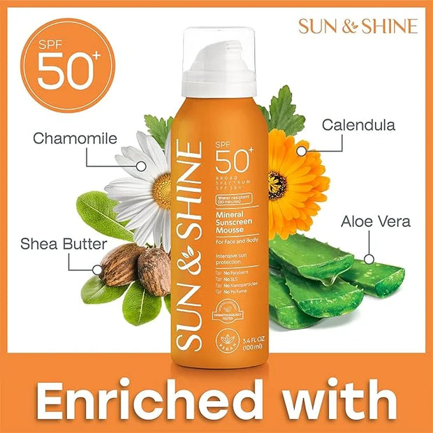 SUN & SHINE MINERAL SUNSCREEN MOUSSE: 100% mineral zinc oxide SPF50 Broad Spectrum UVA UVB, Face Body Protection, Sunburn ...
