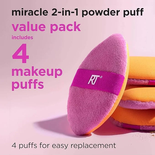 Real Techniques Miracle 2-In-1 Powder Puff 4 Pack, Dual-Sided, Full Size Makeup Blending Puff, Reversible Elastic Band, Ma...