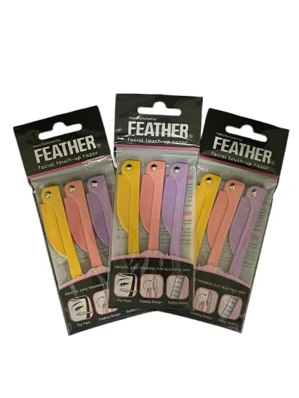 Feather Flamingo Facial Touch Up Stainless Steel Razor for Eyebrow and Face Hair Removal - 3 Pack | Foldable and Long-Last...