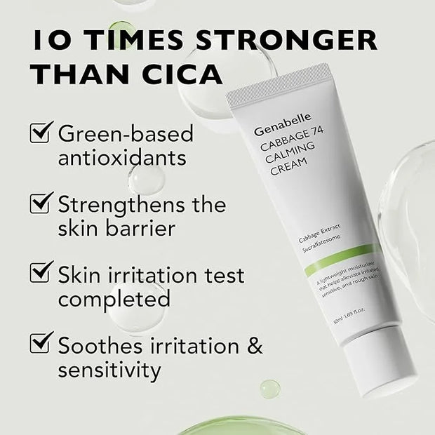 Cabbage 74 Calming Cream - Lightweight Watery-Type Moisturizer with CICA, Sucralfate, Hyaluronic Acid, Helps Instantly Cal...