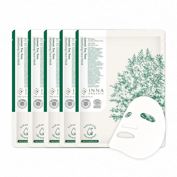 INNA Organic Sheet Mask - Balancing & Oil Control, EWG & COSMOS Certified (Pack of 5) | Lemon Tea Tree Essential Oils Infu...