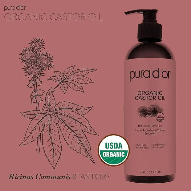 PURA D'OR 16 Oz ORGANIC Castor Oil - 100% Pure USDA Certified Cold Pressed, Hexane Free Eyelash & Eyebrow Serum - For Full...