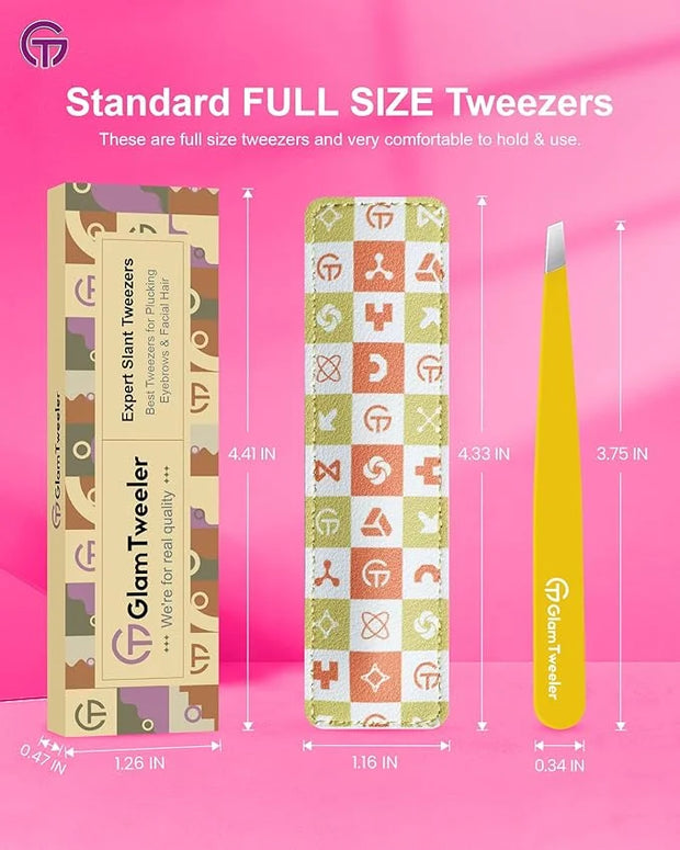 Expert Eyebrow Hair Removal Tweezer with Leather Case, GlamTweeler High Precision Slant Tip Stainless Steel Tweezers for M...