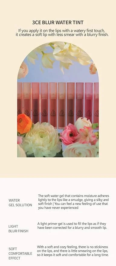 3CE BLUR WATER TINT(4.6g) soft lip with less smear with a blurry finish (#CORAL MOON) with sun cream(1ml*3ea) - Product Image