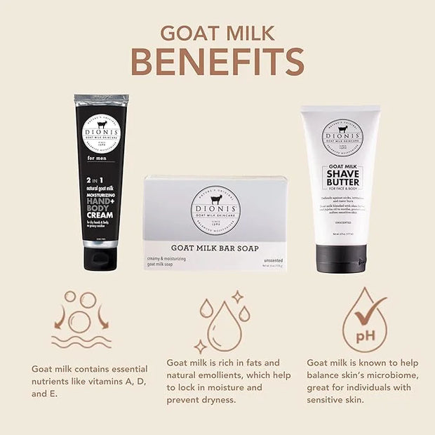 Dionis Goat Milk Men's Skincare Bundle – Cedarwood & Sea Salt Scented Bar Soap (6 oz) & Unscented 3pc Bath & Body Set with...