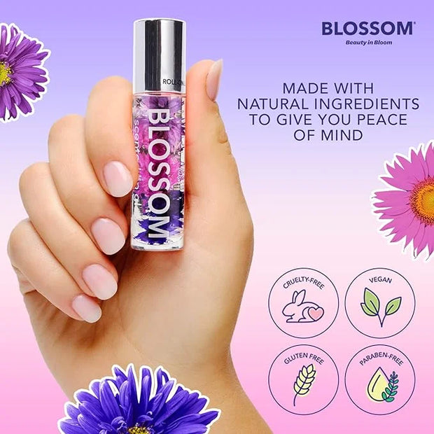 Blossom Roll on Lip Gloss, Scented Clear High Shine Moisturizing Lip Oil, Non Sticky, Infused with Real Flowers, Made in U...
