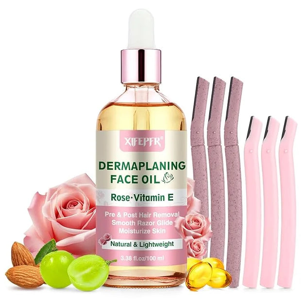 Dermaplaning Kit, Rose & Vitamin E Oil, Shave Oil with Dermaplaning Tools for Women, Facial Razor, Eyebrow Razor, Softens ...