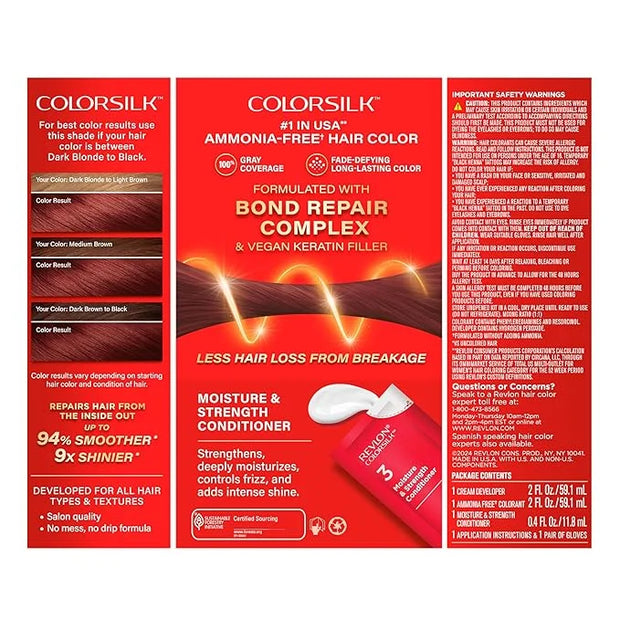 Revlon ColorSilk with Bond Repair Complex, Auburn Permanent Hair Color, 100% Gray Coverage, Ammonia Free Hair Dye, Vegan K...