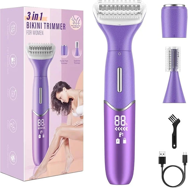 Bikini Trimmer for Women, 3 in 1 Painless Electric Razors for Women, Replaceable Lady Facial Razor & Eyebrow Trimmer, Rech...