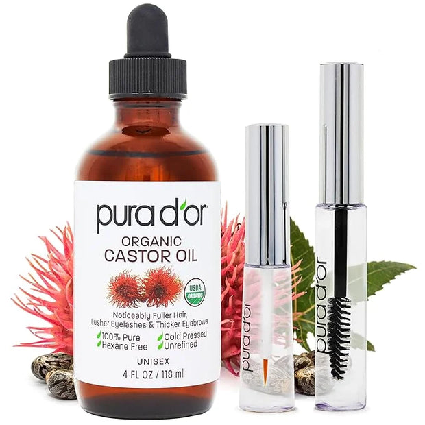 PURA D'OR 4 Oz ORGANIC Castor Oil - w/ 2 BONUS Empty Brushes - 100% Pure USDA Certified Cold Pressed, Hexane Free Eyelash ...