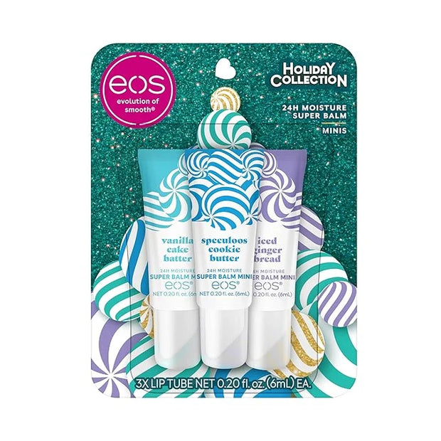 eos Holiday 24H Moisture Mini Super Balm Set- Speculoos Cookie Butter, Iced Gingerbread, Vanilla Cake Batter, Limited-Edit...