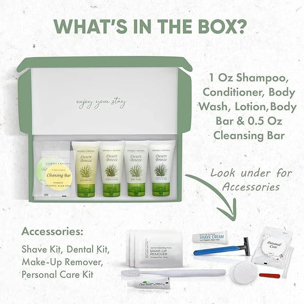 Amenity & Accessory Kit | 1 oz Shampoo, Conditioner, Lotion, Body Wash, Body Bar, Cleansing Bar, Shave & Dental Sets, Make...