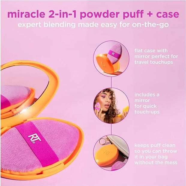 Real Techniques Miracle 2-In-1 Powder Puff + Travel Case, Dual-Sided Makeup Blending Puff, Elastic Band, Precision Makeup ...