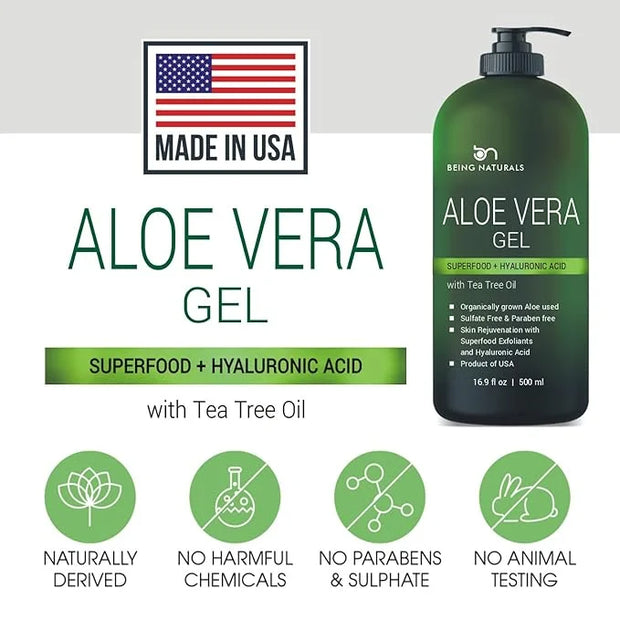 Aloe vera Gel - from 100% Pure Organic Aloe - Natural Raw Moisturizer for Face, Body, Hair. Perfect for Sunburn, Acne, Raz...