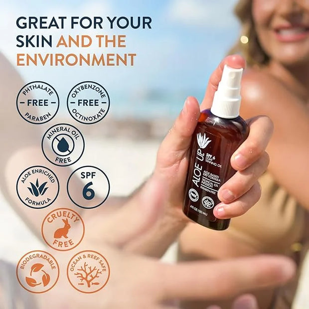 Aloe Up Light Tanning Oil With SPF 6 Sunscreen - Body and Face Tanning Oil for Outdoor Sun - With Pure Aloe Vera Oil and N...