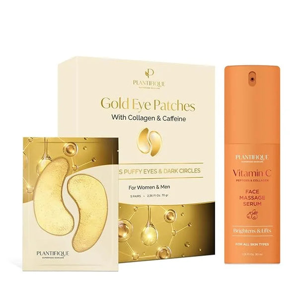 PLANTIFIQUE Korean Vitamin C Face Massage Serum and Gold Under Eye Patches for Puffy Eyes and Dark Circles 5 Pairs - Produ...