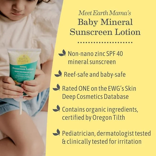 Earth Mama Baby Mineral Sunscreen Lotion SPF 40 | Reef Safe, Non-Nano Zinc, Natural Water Resistant Sun Cream for Babies, ...