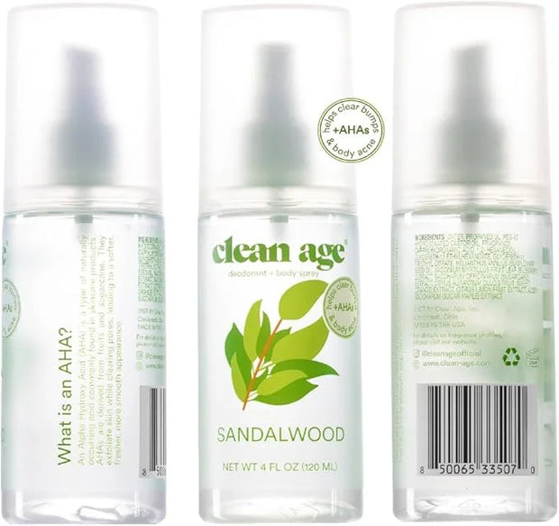 Clean Age- Aluminum Free Deodorant & Body Spray for Whole Body- Sandalwood 4oz- Clean Deodorant and Body Spray for Teen Bo...