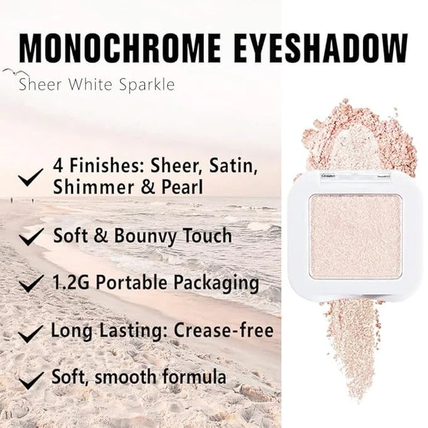 Kaely Pressed Single Eyeshadow Makeup, Sheer White Sparkle Highly Pigmented Monochrome Eye Shadow Palette, Waterproof Neut...