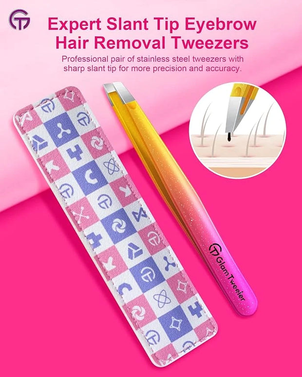 Expert Eyebrow Hair Removal Tweezer with Leather Case, GlamTweeler High Precision Slant Tip Stainless Steel Tweezers for M...