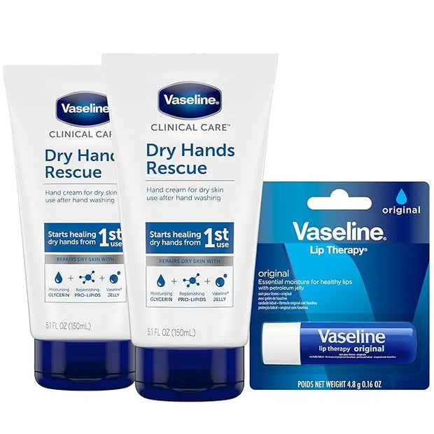 Vaseline Hand Cream, Dry Hands Rescue 2-Pack – Clinical Care Formula, Fragrance-Free, 5.1 Oz Ea + Lip Therapy Original Moi...