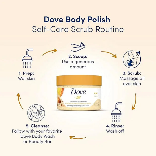 Dove Exfoliating Body Polish Body Scrub Crushed Almond and Mango Butter 4 Count Exfoliating Scrub for Dry Skin Gently Exfo...