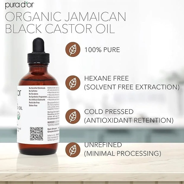 PURA D'OR 4 Oz ORGANIC Jamaican Black Castor Oil - Natural Smoky Scent - w/ 2 BONUS Empty Brushes - 100% Pure USDA Certifi...