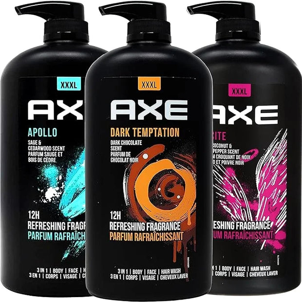 Axe Men's Body Wash Variety Set, Set of 3 Scents, Axe Dark Temptation, Apollo and Excite Body Wash, 3in1 Body and Face Was...