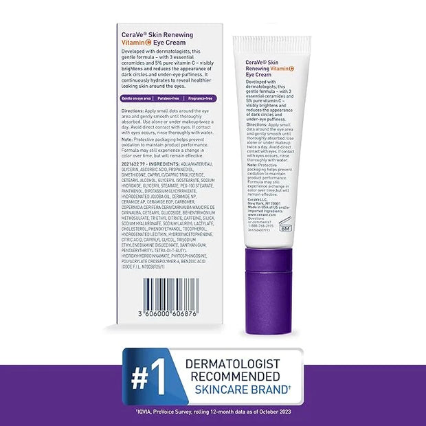 CeraVe Skin Renewing Vitamin C Eye Cream, Vitamin C, Hyaluronic Acid, Ceramides & Caffeine, Under Eye Cream For Dark Circl...