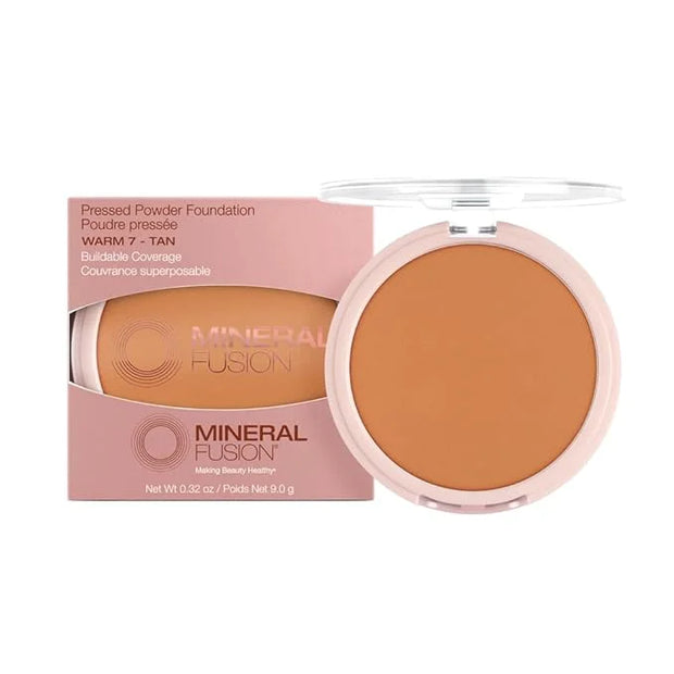 Mineral Fusion Pressed Powder Foundation, Warm 7 - Dark Tan Skin w/Orange Undertones, Age Defying Foundation Makeup with M...