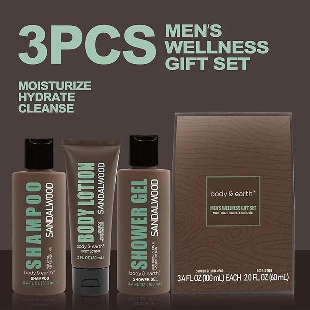 Sandalwood Men's Bath & Body Set - Shower Gel, Body Lotion, Shampoo - Self Care Gifts for Men - Product Image