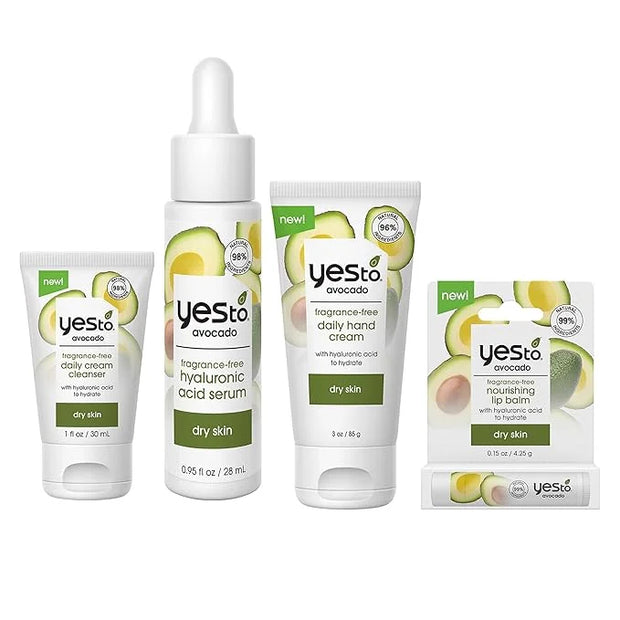 Yes To Avocado Fragrance-Free Bundle, Daily Cream Cleanser, Hyaluronic Acid Serum, Nourishing Daily Hand Cream & Lip Balm,...