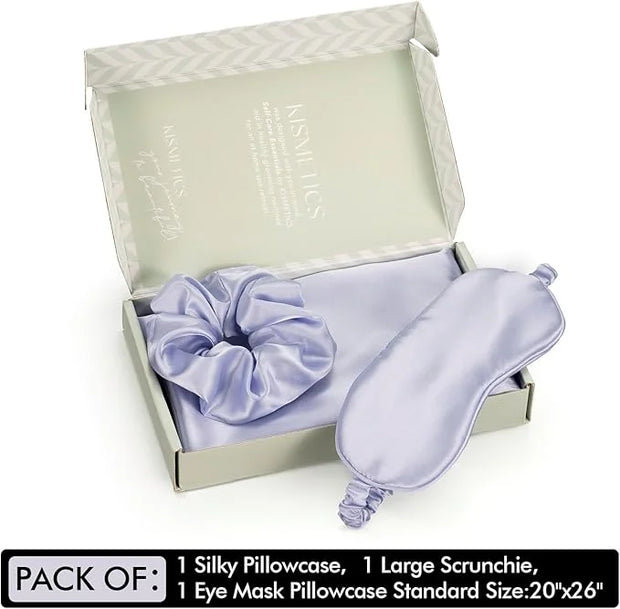 Vegan Silk Sleep Set, Silky Pillowcase with Large Scrunchie and Eye Mask for Hair and Skin, Self Care Essential Satin Nigh...