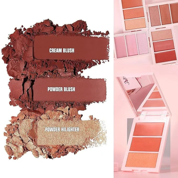 3D Blush Palette, Multi-Use Makeup Powder Pink Blush Palette Glow Makeup Cream Blush For Cheeks, Lightweight, Smooth, Blen...