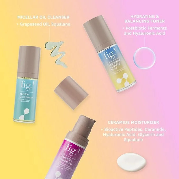Fig.1 Dewy Morning, Daily Hydration Skincare Gift Set - Travel & Trial Size - Includes Micellar Oil Cleanser (30ml), Hydra...