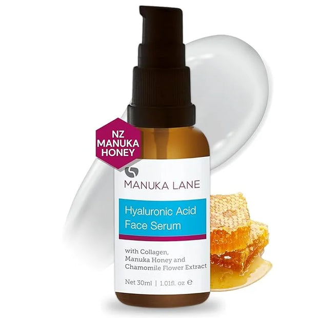 Hyaluronic Acid Serum for Face and Neck with Collagen, Manuka Honey & Chamomile Flower Extract | Plant Based Formula | Car...