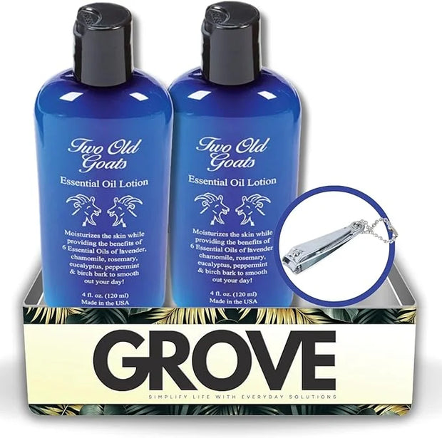 Two Old Goats Essential Oil Lotion 4 oz Bundle with Nail Clipper - Moisturizing Lotion with Lavender, Chamomile, Eucalyptu...