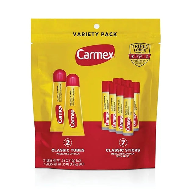 Carmex Classic Medicated Lip Balm Pack, Lip Moisturizer for Chapped Lips, 9-Count Variety Pack Bag (2 Tubes, 7 Sticks) - P...